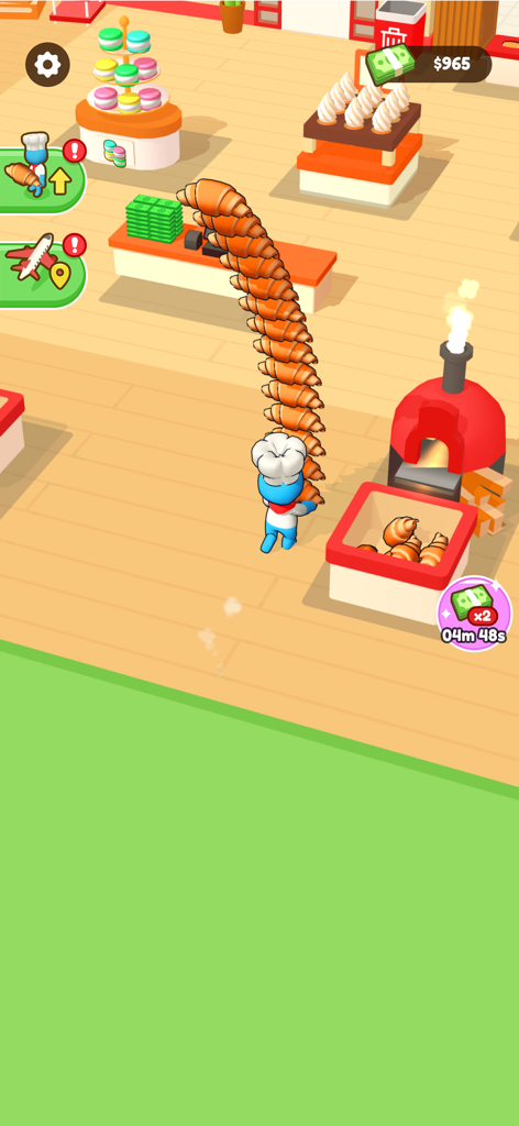 My Sweet Bakery! - A chef character carrying a tall stack of croissants in the My Sweet Bakery mobile game