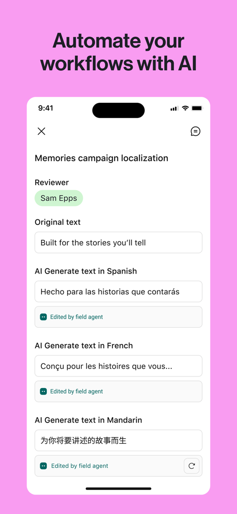 Airtable mobile app interface showing AI-powered automation for marketing campaign localization.