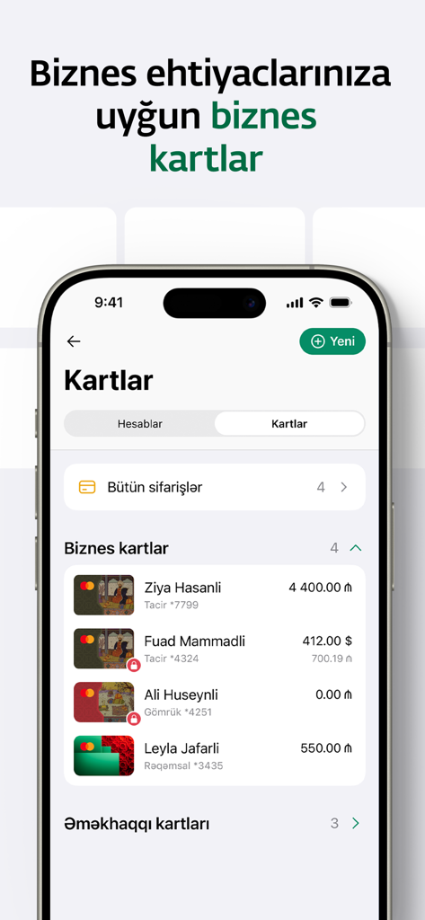PASHA Bank Business - PASHA Bank Business app interface showing a list of corporate cards with individual user names and account balances