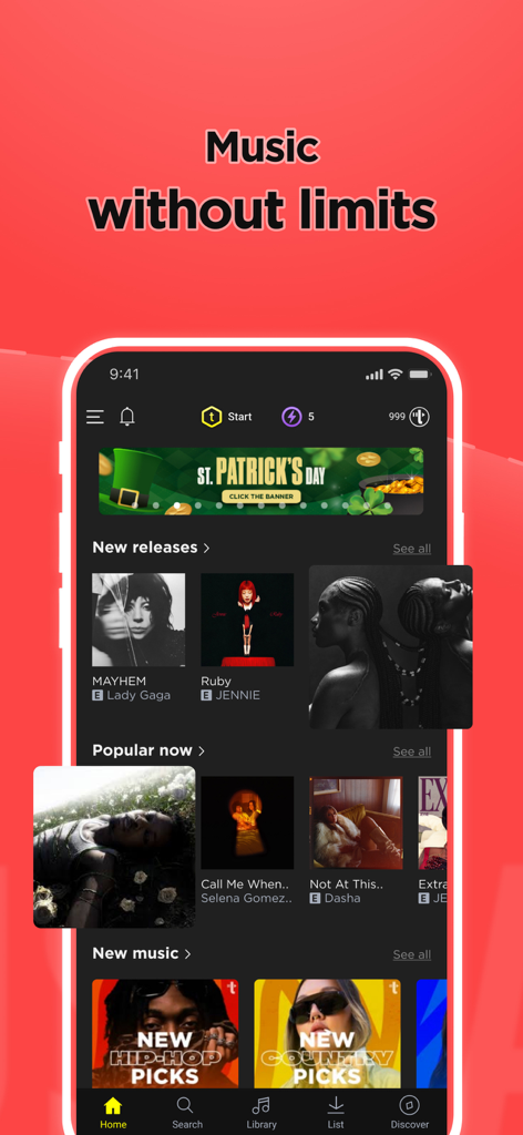 TREBEL Music app home screen showing new releases and popular music under the slogan Music without limits