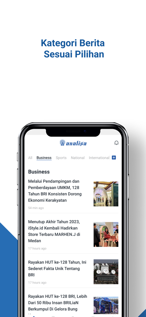 Harian Analisa App showing business news categories on a mobile phone screen.