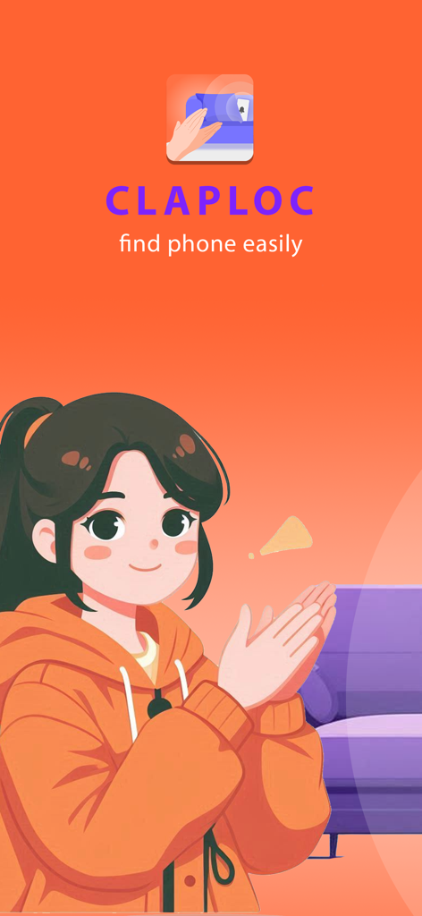 Splash screen for the ClapLoc app featuring an illustrated girl in an orange hoodie clapping to locate her phone.