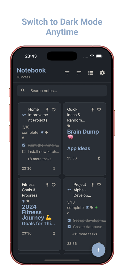 Notes - Notepad, Notebook - A clean dark mode interface of the Notes app on an iPhone showing organized task lists and notebooks