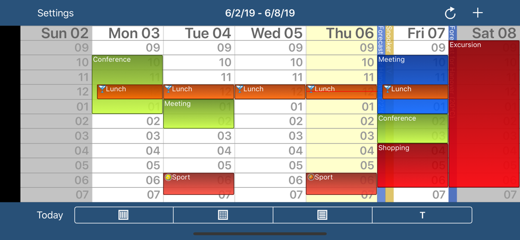 CalenGoo Calendar - Weekly view of the CalenGoo Calendar app with color coded events and time slots