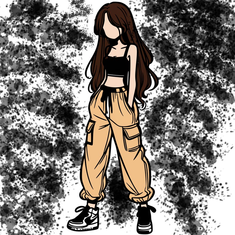 girl in baggy pants crop top and long hair