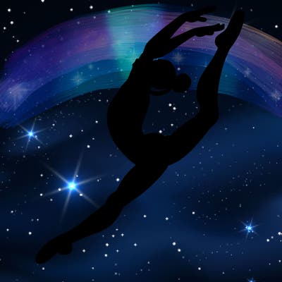 gymnast doing a leap in a leotard with a bent back leg