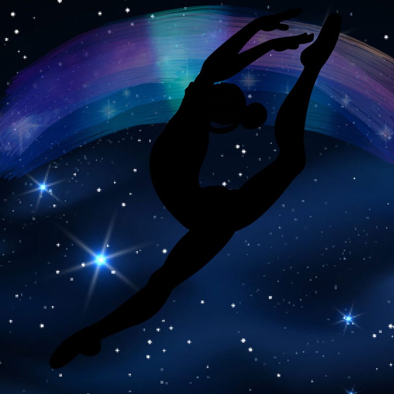 gymnast doing a leap in a leotard with a bent back leg