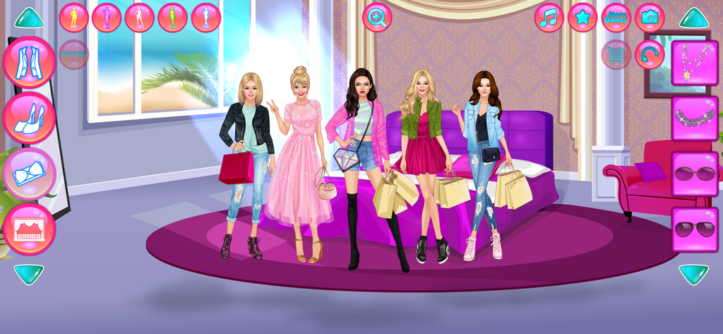 Girl Squad - BFF Fashion Games - Five fashionable dolls from the Girl Squad BFF Fashion Games with shopping bags and stylish outfits