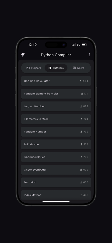 Python‎ Compiler - Interfaccia dell'app Compilatore Python che mostra un elenco di tutorial di codifica per attività di programmazione comuni