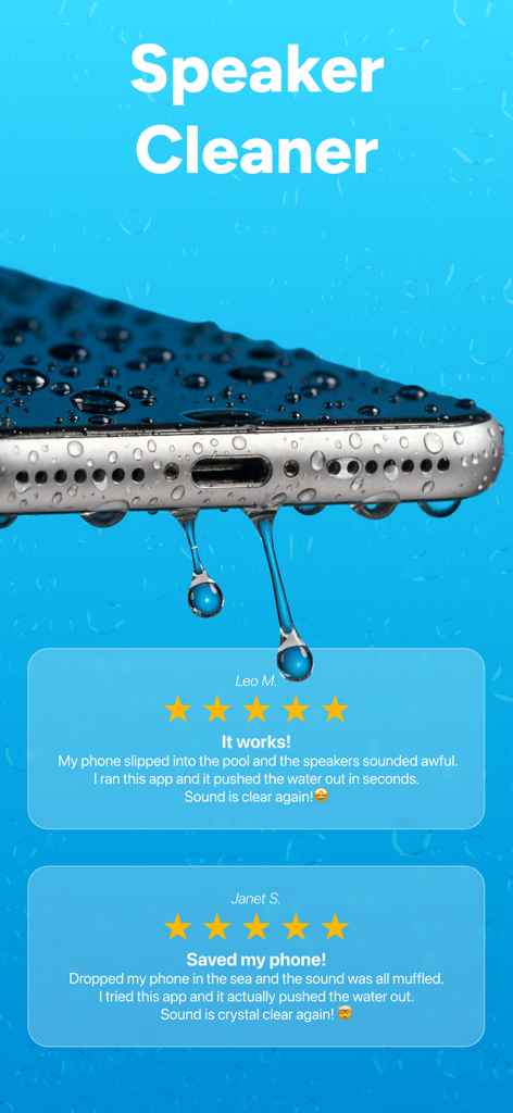Water Eject  • Speaker Cleaner - Smartphone with water dripping from speakers and two positive user testimonials for the Water Eject app.