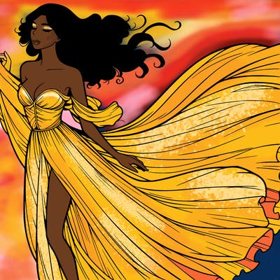 realistic woman in dress flowing the the wind