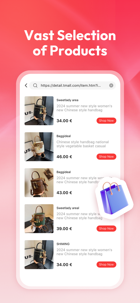 Yepexpress - Yepexpress mobile app screen showing a diverse catalog of stylish handbags with prices and shop now buttons
