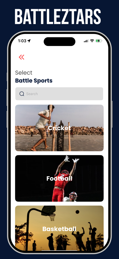 SportZtars:Body Transformation - Interface of the BattleZtars feature in the SportZtars app showing sports categories for cricket football and basketball