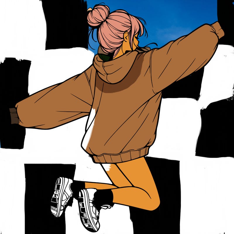 realistic girl jumping with a bun and oversized sweatshirt