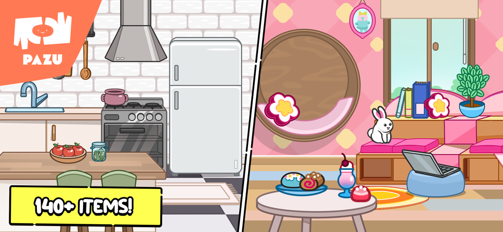 Split screen view showing a decorated kitchen and a pink bedroom with furniture and accessories.
