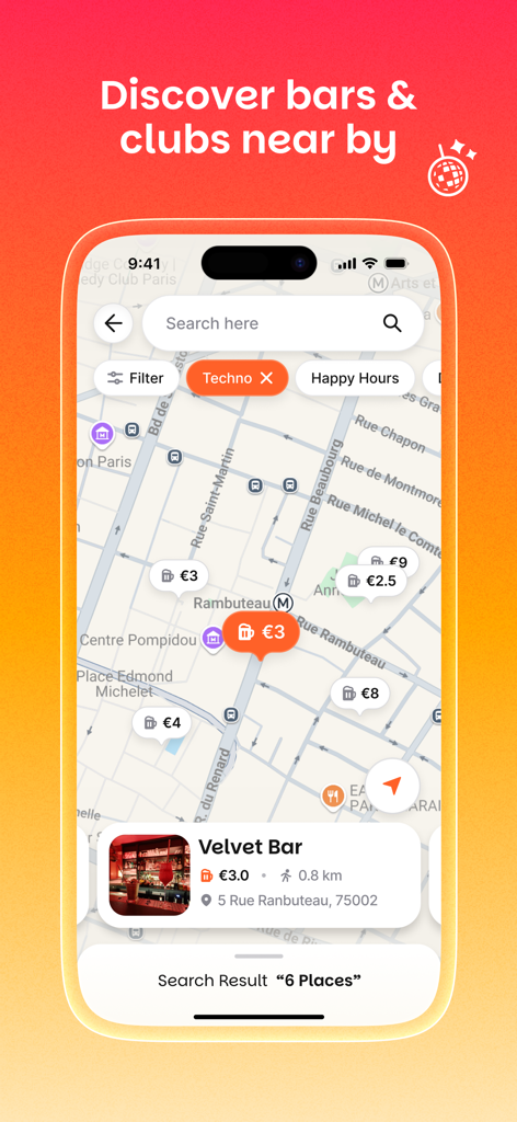 A mobile phone displaying the Seeker app map interface showing nearby bars and clubs in Paris with real-time prices and filters.