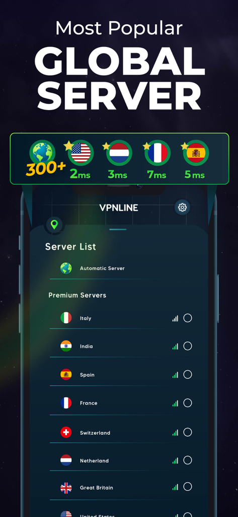 VPNLINE - Fast & Secure Vpn - A screenshot of the VPNLINE app showing a list of high-speed global servers with low latency for secure browsing