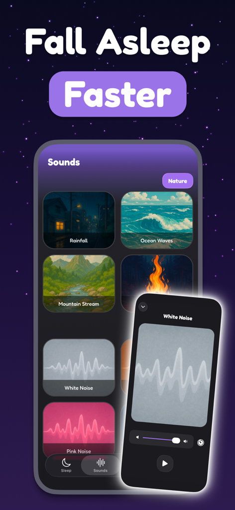 Interfaccia dell'app FixSleep che mostra la libreria di suoni rilassanti per dormire e un lettore audio a rumore bianco.