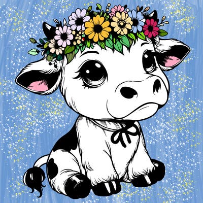 realistic adorable cow with flower crown