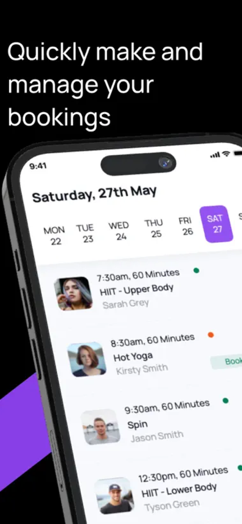 regen london - Interface of the REGEN London app showing available fitness classes including HIIT and Hot Yoga with times and instructors.