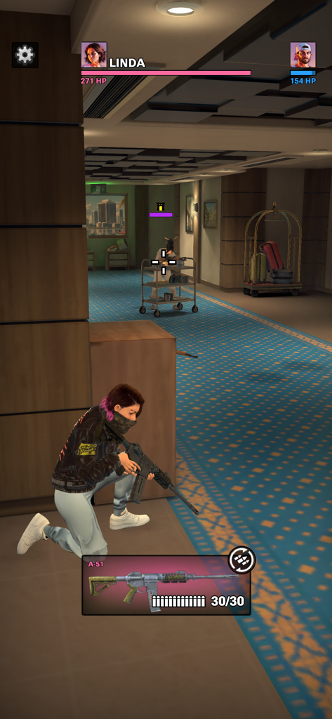Gangs of Miami: Crime Shooter - Female protagonist Linda crouching and aiming an assault rifle in a hallway