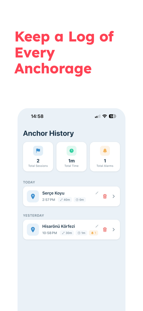 Safety Anchor Alarm - Safety Anchor Alarm app interface showing the anchor history log screen