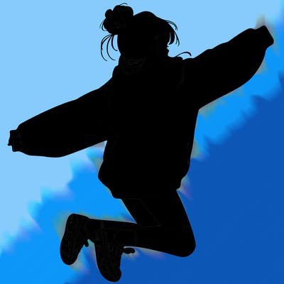 realistic girl jumping with a bun and oversized sweatshirt