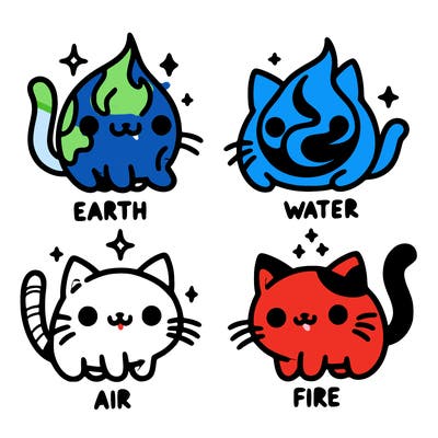 4 cats that represent the different elements, earth, water, air, and fire