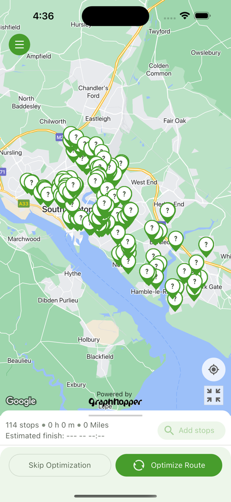 Map interface showing 114 delivery stops with an optimize route button