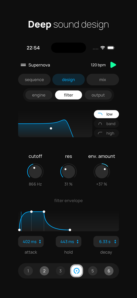 Polaris - Pocket Music Maker - Interfaz del creador de música Polaris que muestra filtros de diseño de sonido y controles de envolvente.