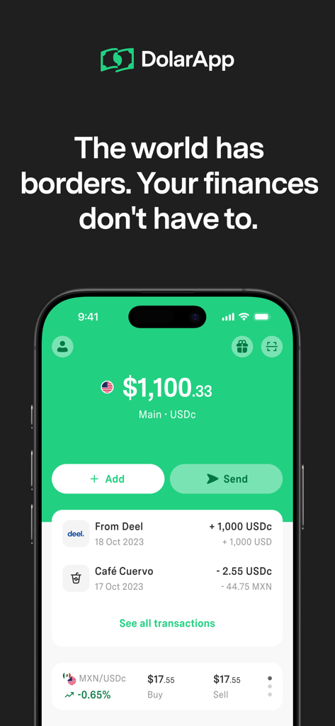 Interface do painel móvel DolarApp mostrando saldo em dólares digitais e transações transfronteiriças
