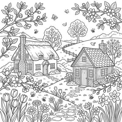 Escape to the countryside with this beautiful coloring page featuring charming rural cottages surrounded by a bounty of spring flowers. Enjoy bringing the renewal and joy of the spring season to life with your favorite colors.