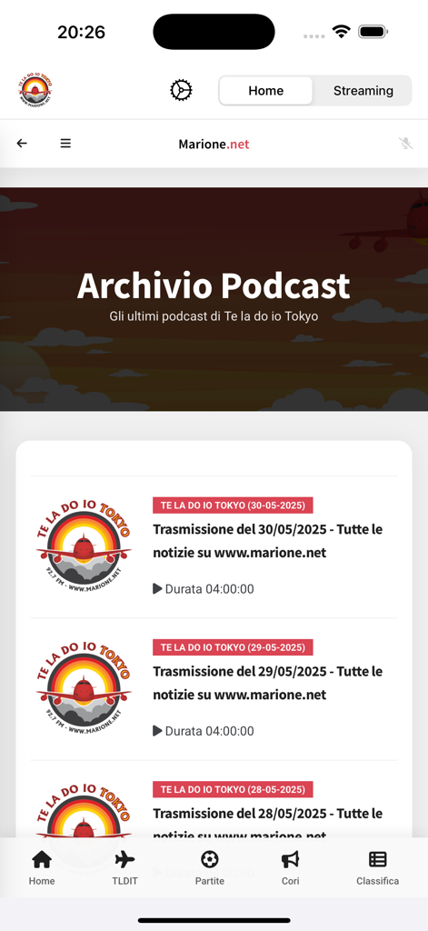 Te la do io Tokyo 2.0 - Podcast archive screen of the Te la do io Tokyo 2.0 app featuring a list of recent radio show episodes