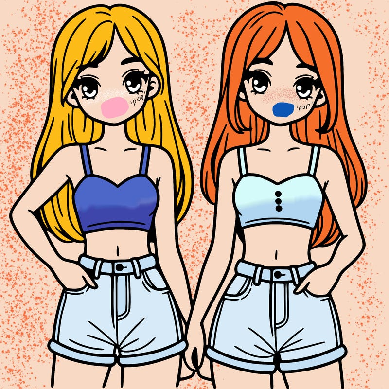 two sisters with crop tops and jean shorts and straight hair