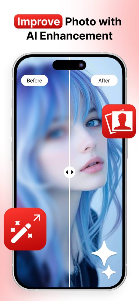 Una comparación lado a lado de un retrato borroso y una versión nítida mejorada por IA en la pantalla de un smartphone.