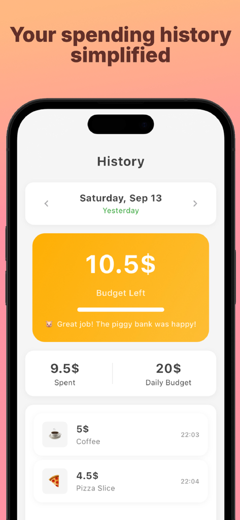 Pocket Money - Interfaccia dell'app PocketMoney che mostra la cronologia delle spese giornaliere semplificata e il progresso del budget
