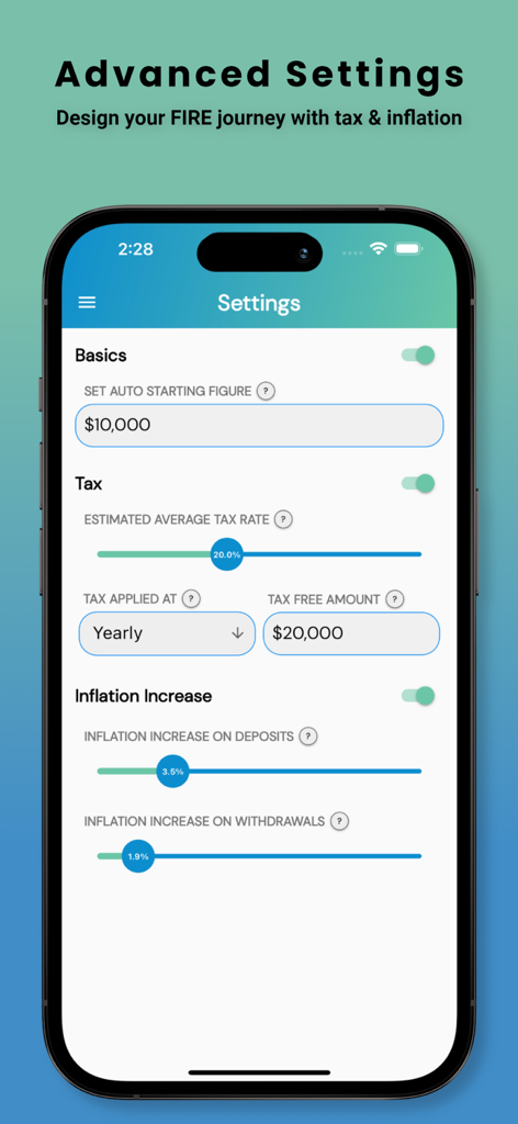 Compounder - Pantalla de configuración avanzada en la aplicación Compounder que muestra los parámetros de cálculo de impuestos e inflación para la planificación financiera.