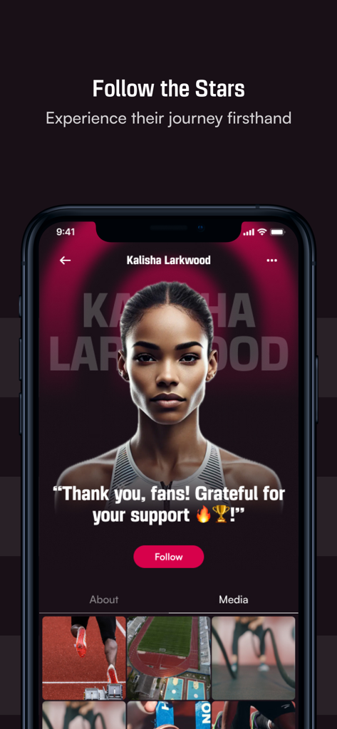 InnerCircle: Athletes First - Athlete profile interface in the InnerCircle app featuring a track star and a follow button