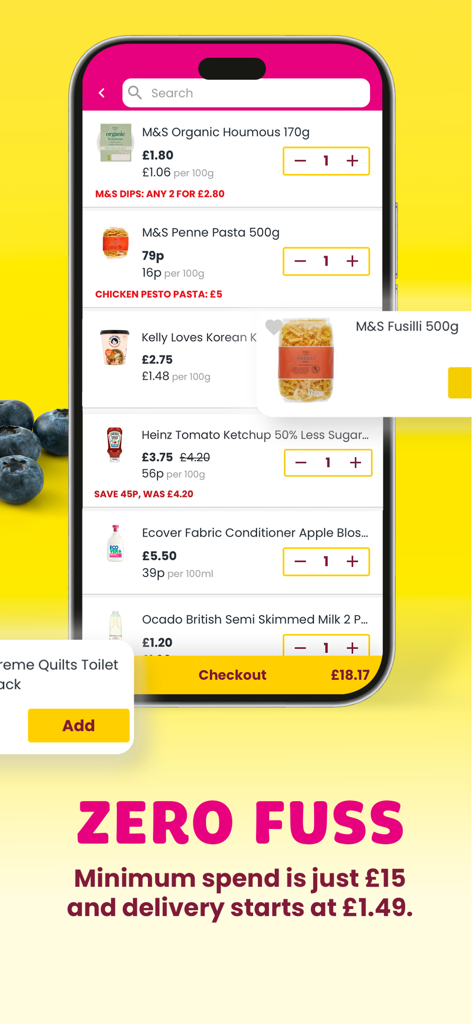 Smartphone screen showing the Zoom by Ocado app shopping basket with M&S groceries and a checkout button