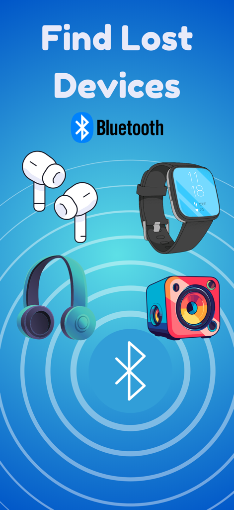 紛失したイヤホンやスマートウォッチなどのBluetoothデバイスを見つけているアプリ画面