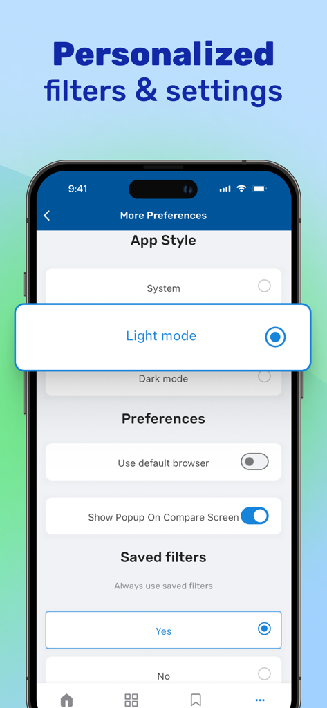 Écran des paramètres de l'application Geizhals montrant des filtres personnalisés et les préférences de style de l'application.