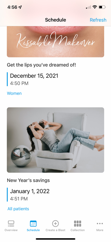 TouchMD Dashboard - for Staff - TouchMD Dashboard for staff app interface showing the schedule of marketing blast promotions.