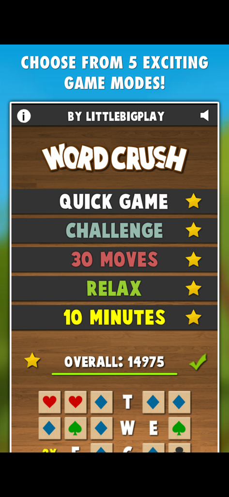 Word Crush PRO - Word Crush PRO game menu displaying five different modes including Quick Game and Relax on a wooden background