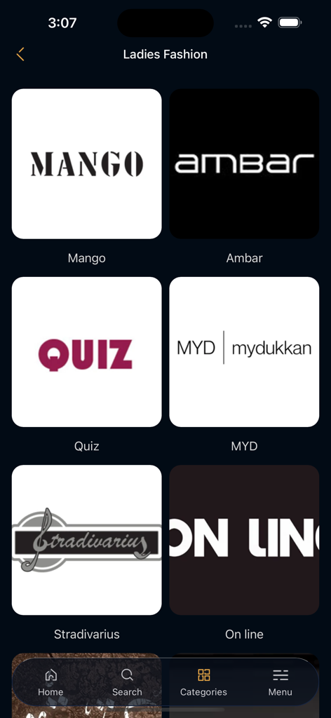 Mecca Mall - Ladies fashion store directory in the Mecca Mall app displaying brand logos like Mango and Quiz
