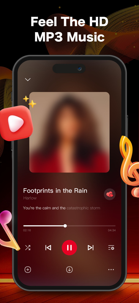 Interface of the offline music player showing HD MP3 playback with lyrics and song details.