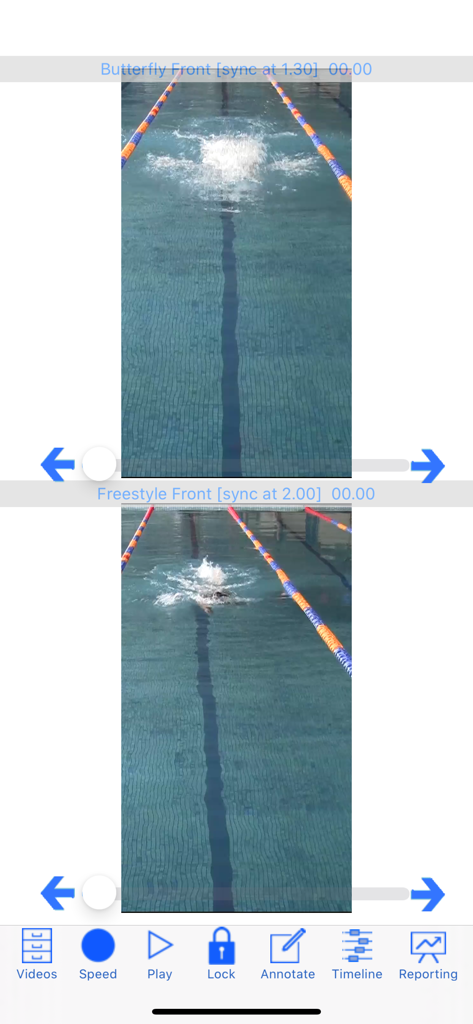 Swim Coach Plus HD - Split screen video analysis comparing butterfly and freestyle swimming strokes.
