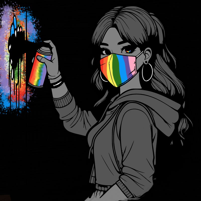 realistic girl with mask spray painting a wall