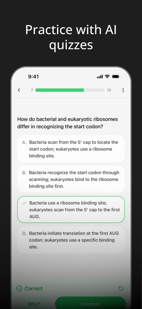 Screenshot of YouLearn app showing an AI generated multiple choice quiz about biology with the correct answer highlighted in green