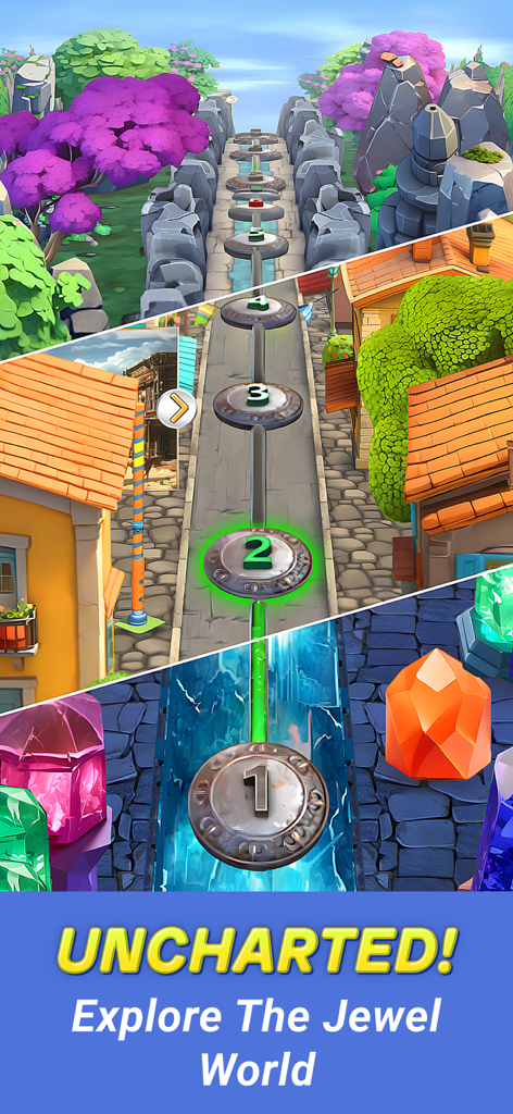 Jewelscape: Block Puzzle Game - Camino numerado de niveles a través de diversos entornos en la aventura de puzles de bloques Jewelscape.