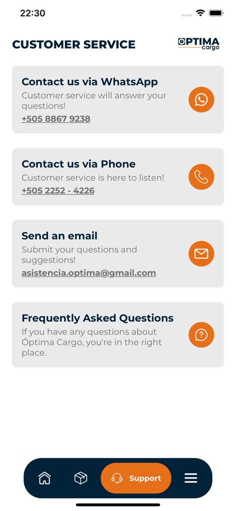 Customer service interface showing contact options via WhatsApp, phone, email, and frequently asked questions for Optima Cargo.